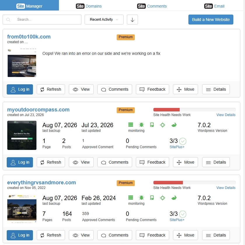 Wealthy Affiliate website management screen showing active WordPress projects